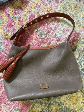 Dooney & Bourke Taupe Pebbled Leather Shoulder Bag with Brown Trim